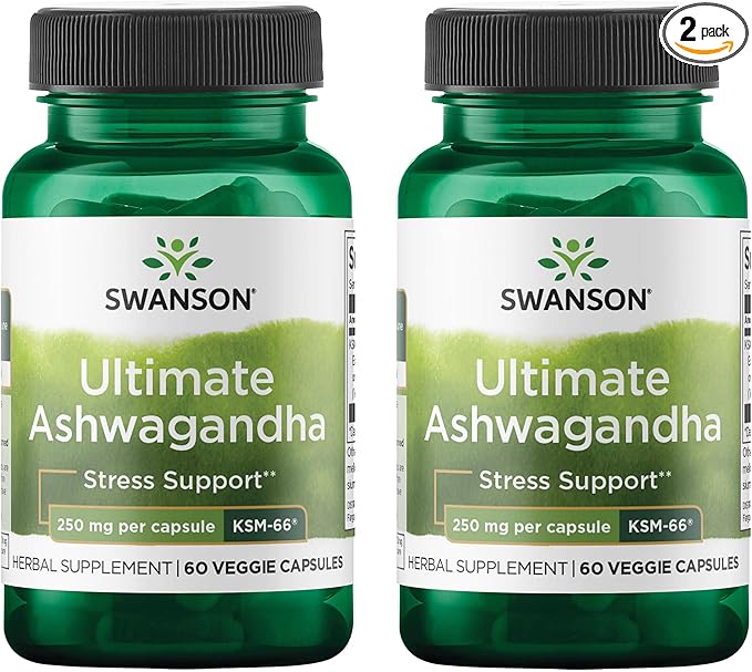 Swanson Ultimate Ashwagandha KSM-66 - Herbal Supplement Supporting Healthy Stress Levels & Relaxation - Natural Formula to Promote a Calm & Relaxed Mindset - (60 Veggie Capsules, 250mg Each) (2 Pack)