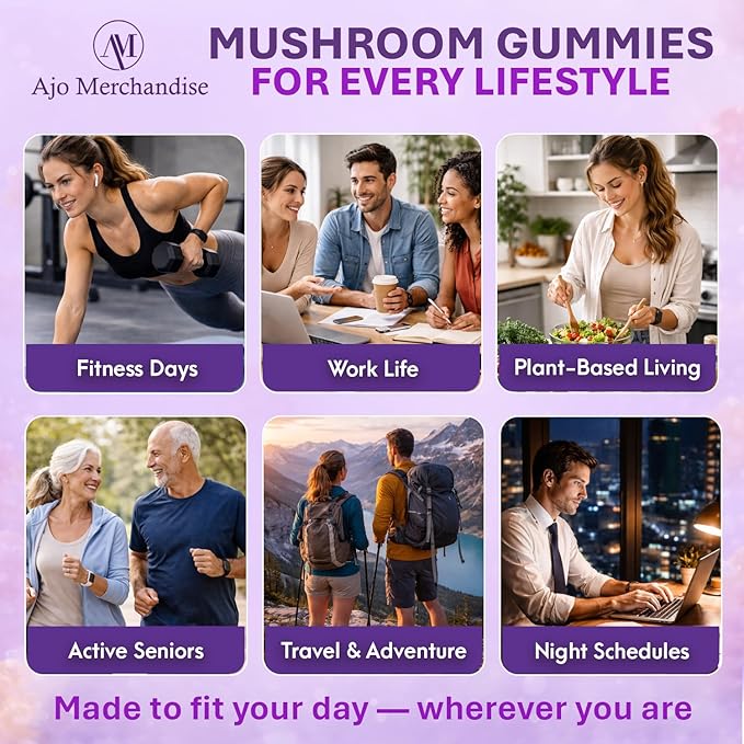 Mushroom Gummies with Ashwagandha, Lion’s Mane, Reishi, Cordyceps, Turkey Tail, Maitake, Shiitake & Chaga, Vegan Mushroom Supplement Gummy, Gluten Free, Mixed Fruit Flavor, 80 Count