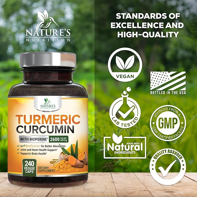 Turmeric Curcumin Supplement - 2400mg Organic Turmeric Per Serving - 95% Curcuminoids & BioPerine Black Pepper Extract for Best Absorption - Natural Vegan Joint Support, Bottled in USA - 240 Capsules