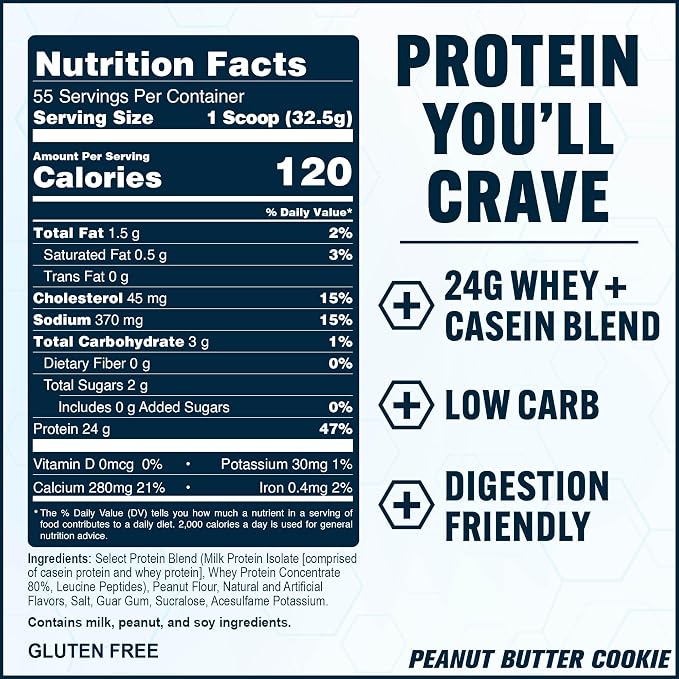 PEScience Select Protein Powder, Whey and Casein Blend, Lean Protein Powder for Women and Men, Low Calorie, Low Carb, Keto Friendly, Gluten Free, Peanut Butter Cookie - 55 Servings
