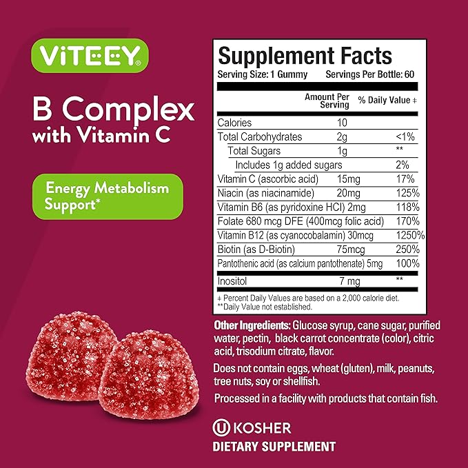 Viteey Vitamin B Complex Gummies with Vitamin C - Energy, Metabolism & Immune Support - B6, B12, Niacin, Folic Acid, Biotin, Calcium - Vegan, Gluten-Free - 60 Count