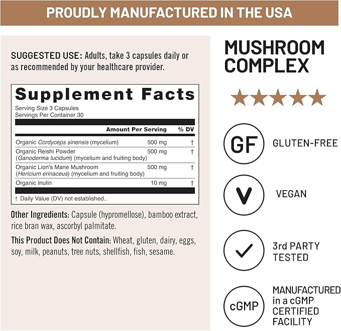 NatureWise Mushroom Complex - with Organic Lion's Mane + Reishi & Cordyceps Sinensis - Lions Mane Supplement with Organic Mushrooms - Vegan - Non-GMO - USA Manufactured - 90 Capsules[30-Day Supply]