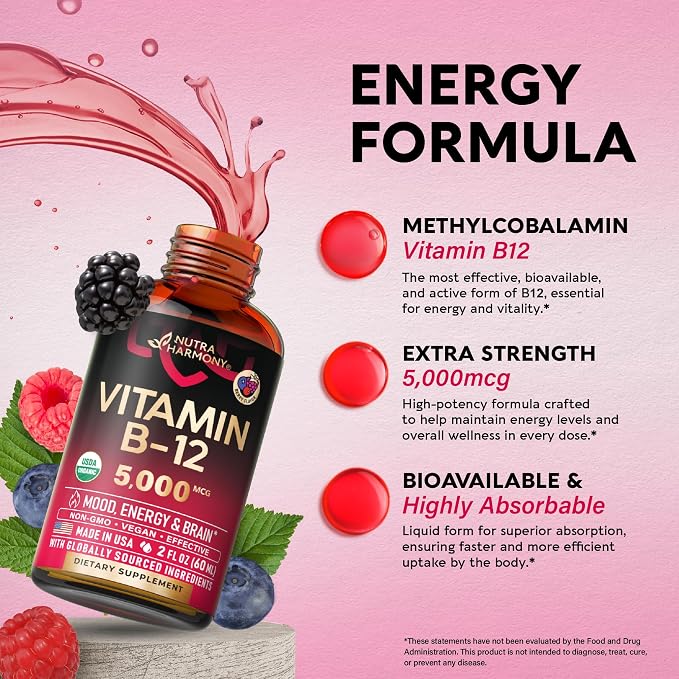 USDA Organic Vitamin B12 Sublingual Drops - 5000 mcg Liquid Vegan Methylcobalamin for Women & Men - Energy Boost, Focus & Mood, Brain Health Support - Maximize Absorption - 2 Month Supply, 2 fl oz