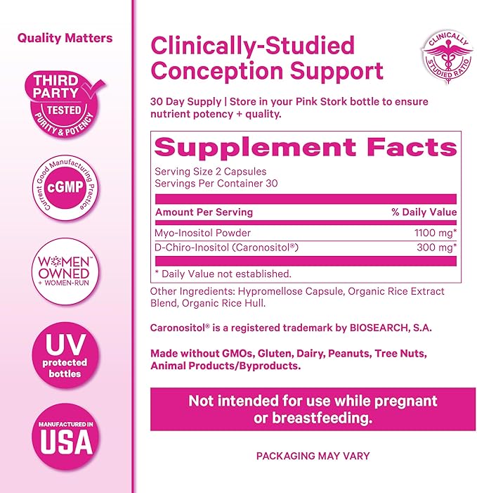 Pink Stork Myo-Inositol & D-Chiro Inositol: 3.6:1 Blend to Support Fertility, Hormone Balance for Women - Ovarian Function, Ovulation, Conception, and Period Support Supplement - 60 Capsules
