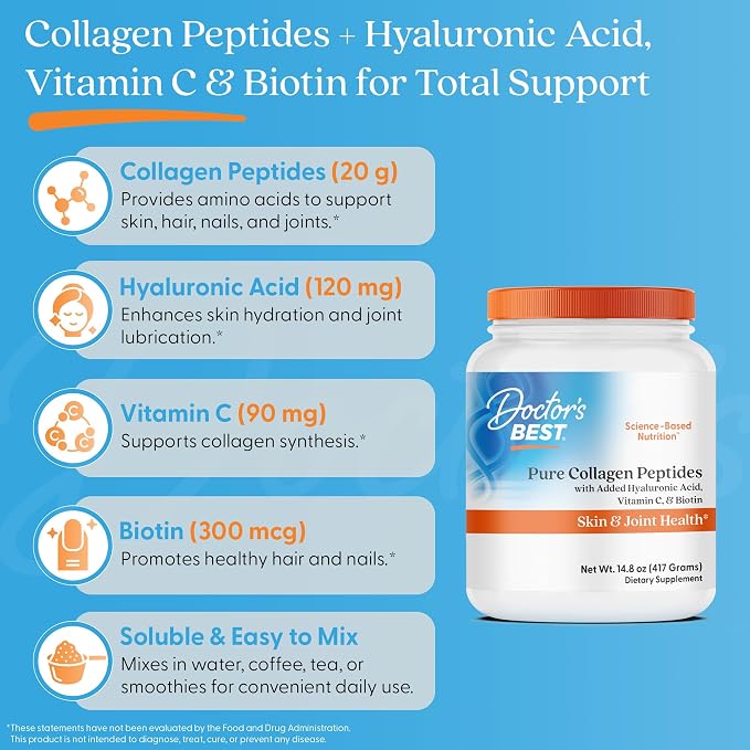 Doctor's BEST Pure Collagen Peptides w/Hyaluronic Acid - Collagen Powder Supplement for Women & Men, Unflavored, 18 g Protein & 90 mg Vitamin C per Serving, Supports Healthy Skin & Hair - 14.8 oz