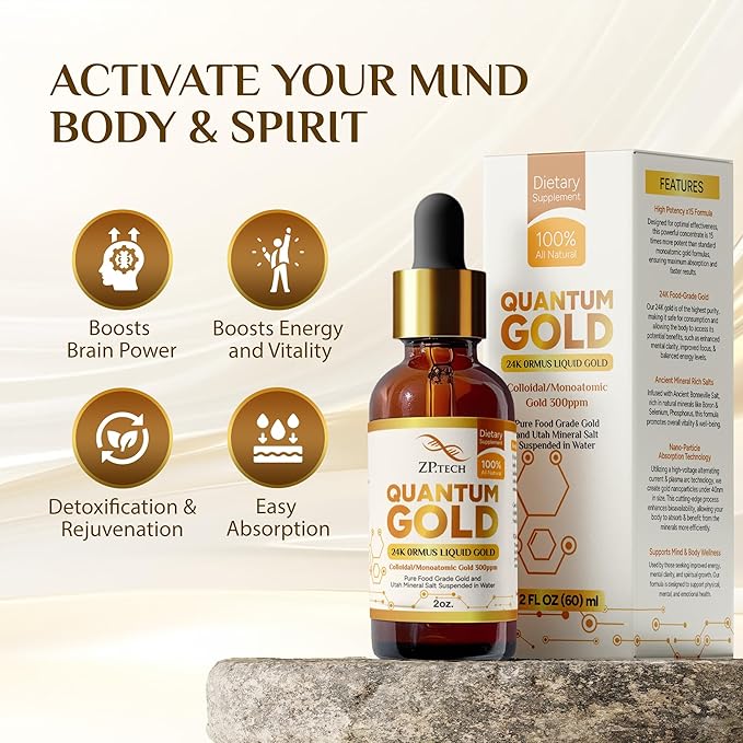 Quantum Gold Liquid Ormus Monoatomic Colloidal Gold & 24K Liquid Gold Supplement for Pineal Gland Activation, Lucid Dreaming & Higher Energy Alignment (2oz)