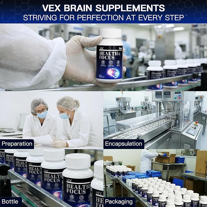 VEX Brain Supplements for Memory and Focus Contain Vitamin B12 folic Acid acetylcysteine Purslane Lion's Mane Mushroom and Ginkgo biloba extracts—for Brain Health 60 Capsules
