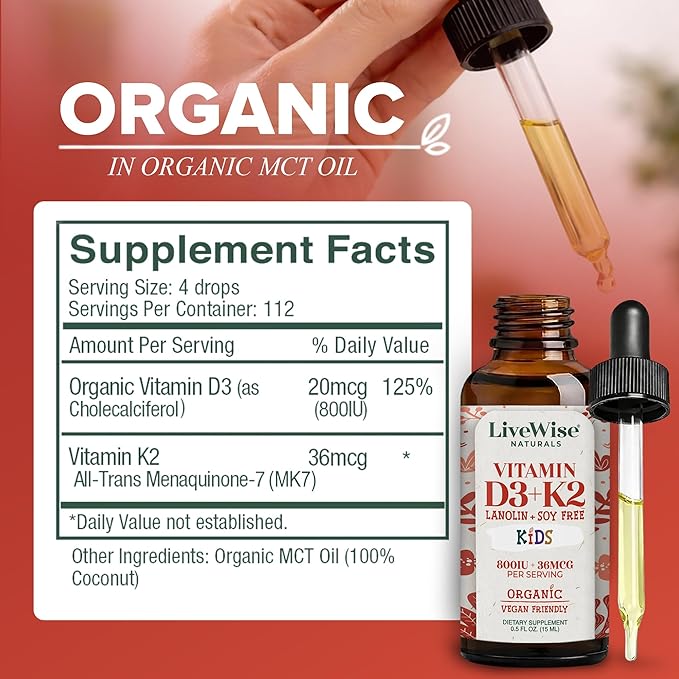 Vitamin D3 K2 Kids Liquid Drops - 112 Servings, Ultra Concentrated Formulation, Fast Absorption 800 IU & 35 MCG for Calcium & Bone Support - Daily Nutritional Support Parents Trust