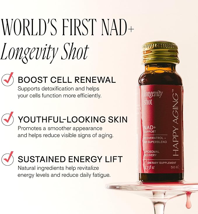 Happy Aging Liquid NAD+ Resveratrol Supplement, NMN Alternative, Liposomal Nicotinamide Riboside & Antioxidants for Energy Support, Brain Health, Firm Skin, Twice Weekly Use, 30 Shots