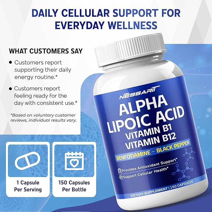 Alpha Lipoic Acid High Potency with Vitamin B1, Vitamin B12, Benfotiamine, Ubiquinol, Black Pepper - Support Cellular Health - 150 Count