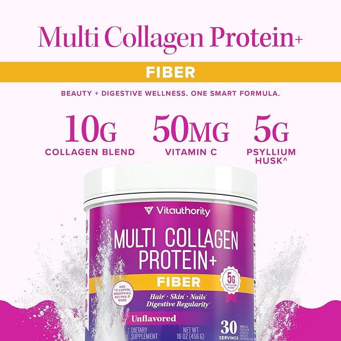 Vitauthority Multi Collagen Protein Powder + Fiber Supplement Collagen Types I, II, III, V & X | Hair, Skin, Nail, & Digestive Support | Vitamin C & Hyaluronic Acid, Unflavored 30 Servings