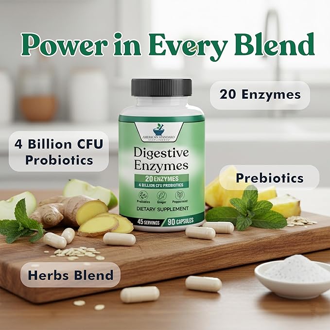 American Standard Supplements Digestive Enzymes Plus Probiotics & Prebiotics, 90 Veggie Capsules, for Digestion with Amylase, Bromelain, Papain, Lipase, Lactase, Protease, Papain, Cellulase