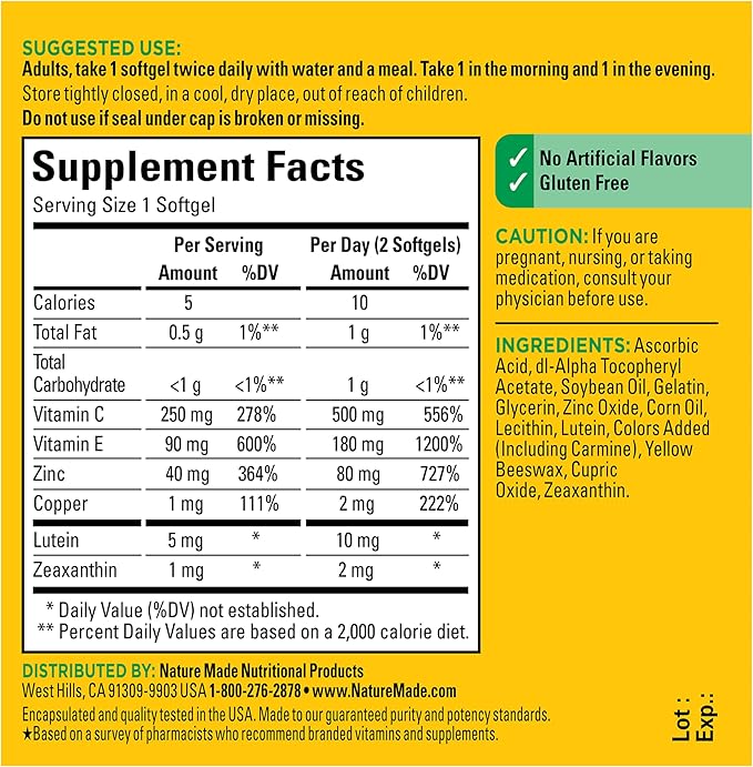 Nature Made Vision Based on the AREDS 2 Formula, Eye Vitamins with Lutein & Zeaxanthin, Vitamin C, Vitamin E, Zinc and Copper for Healthy Vision and Eye Function Support, 60 Softgels, 30 Day Supply