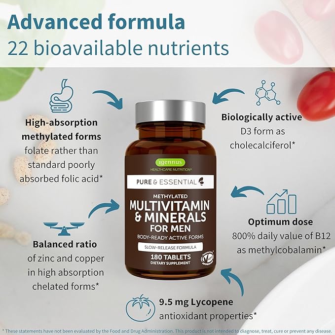 Igennus Methylated Men's Multivitamin with 22 Actives, Added Lycopene for Antioxidant Support, High Potency B12, Sustained Release, Pure & Clean, Non-GMO & Halal, 180 Tablets