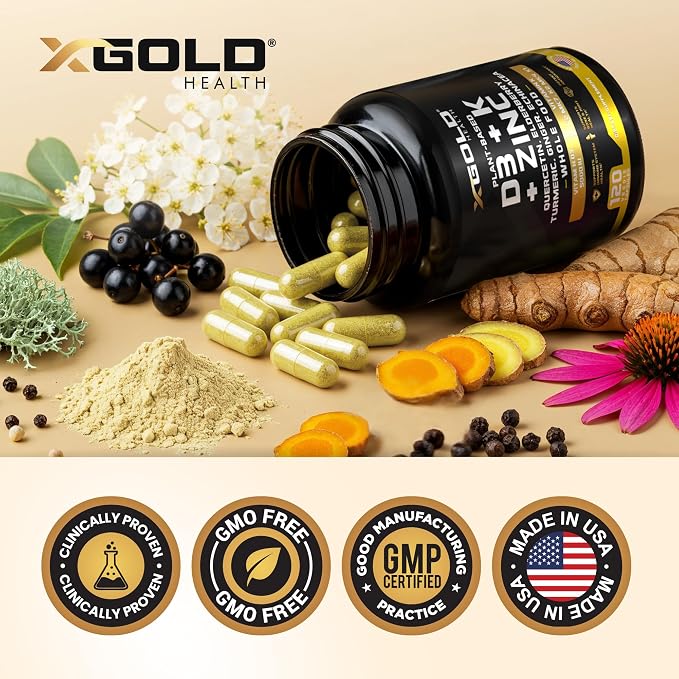 Vitamin D, K2, K1, Zinc, Quercetin, Elderberry, Turmeric, Ginger & Echinacea Whole Food Supplement 8 in 1- D3 5000 IU Plant-Based from Lichen, Vitamin K (K2 MK7, MK4, K1), D3 K2 Vitamins -120 Capsules