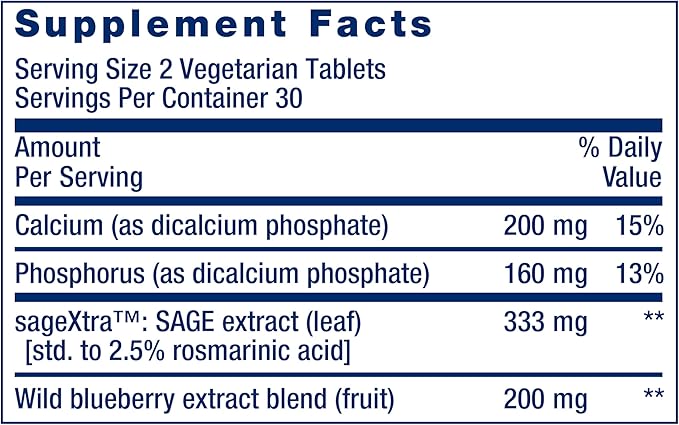 Life Extension Cognitex® Elite Pregnenolone, sage, Blueberry, ashwagandha, phosphatidylserine, Advanced Formula, Attention, Focus, Memory, Gluten-Free, Non-GMO, Vegetarian, 60 Tablets
