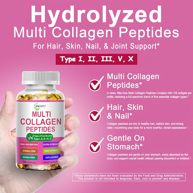 Multi Collagen Peptides Softgels - Hydrolyzed Collagen Peptides For Women & Men with Vitamin C Hyaluronic Acid - High Absorption Collagen Complex for Skin Hair Nail & Joint - Type I, II, III, V, X