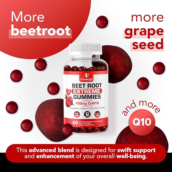 Extreme Beetroot Formula & COQ10 100mg with Grape Seed Extract, for Circulation Energy & Flow, Beet Root Gummies Extract Gluten Free 60