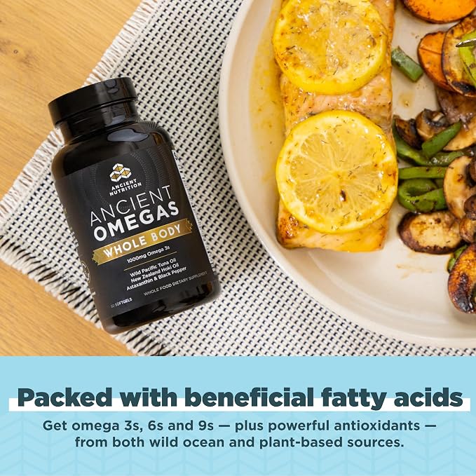 Ancient Nutrition Ancient Omegas Whole Body - ALA, DHA, EPA, from Wild Caught Fish - 90 Capsules