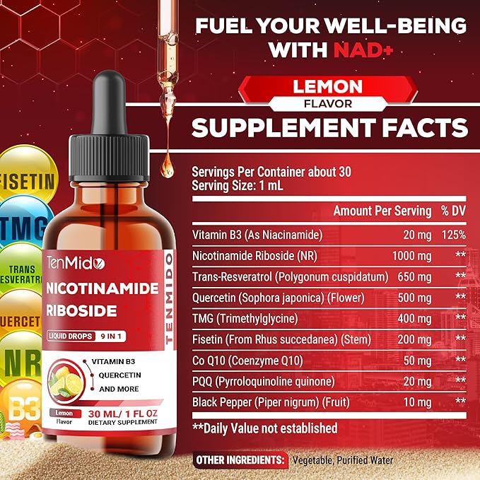 NAD+ Supplement Liquid Drops - 9in1 with Nicotinamide Riboside, Resveratrol, Quercetin, TMG Trimethylglycine, Fisetin, Co Q10, PQQ, and Black Pepper - 30ml 1 Fl Oz