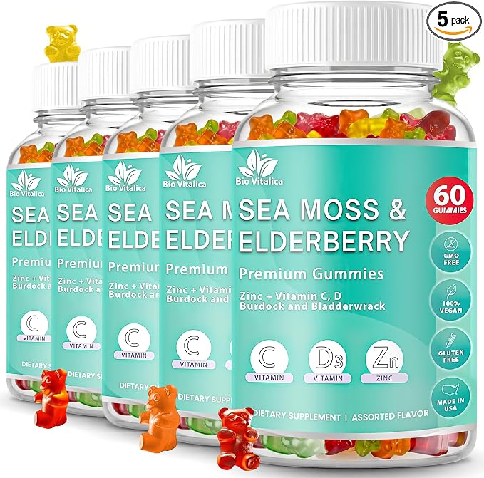 BIO VITALICA Irish Sea Moss Gummies with Elderberry – USA Made Vegan Gummies with Vitamin C, D & Zinc – Immune Support Supplement with Bladderwrack & Burdock Root for Adults & Kids – 5 Pack