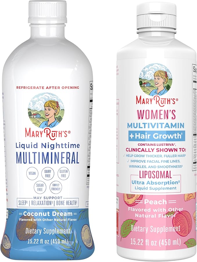MaryRuth's Liquid Nighttime Multimineral (Coconut, 32oz) & Women's Multivitamin + Hair Growth Liposomal (Peach) | Clean Label Project Verified® | Vegan | Beauty, Bedtime Routine, & Overall Health