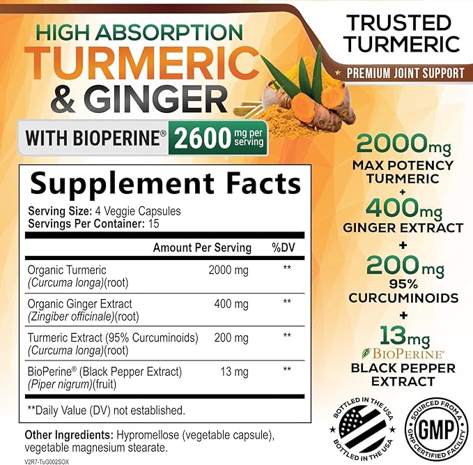 Turmeric Curcumin Supplement - 2000mg Organic Turmeric Per Serving - 95% Curcuminoids, Ginger & BioPerine Black Pepper for Best Absorption - Natural Vegan Joint Support, Bottled in USA - 60 Capsules