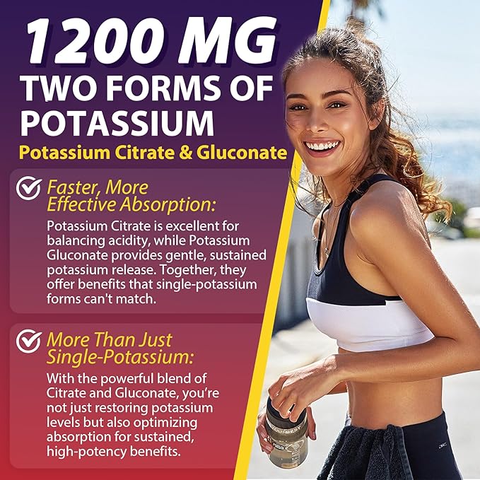 Potassium Citrate and Potassium Gluconate Supplement, 1200mg Two Forms of Potassium Gummies, w/Magnesium, Omega-3, Calcium, Vitamin D3 K2 B12 E B6, Folate for Mṵṣḉḷḙ, Nerves, Health Bones, 60Cts