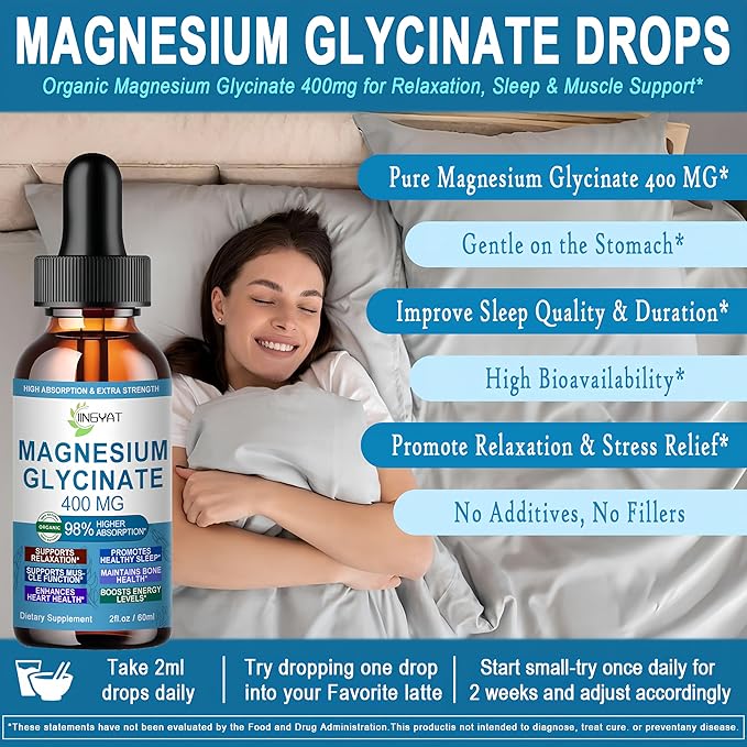 Pure Magnesium Glycinate Drops | High Absorption Liquid Magnesium Glycinate 400mg Support Sleep,Nerve & Bone Health | Magnesium Bisglycinate Chelate for Women & Men | Vegan,Non-GMO,Fast-Acting Formula
