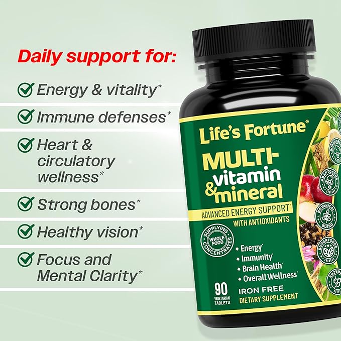 Life's Fortune Whole Food Multivitamin & Mineral Supplement for Men & Women – Energy Support Vitamins for Immune, Brain & Metabolism Support – Iron Free, 90 Vegetarian Tablets