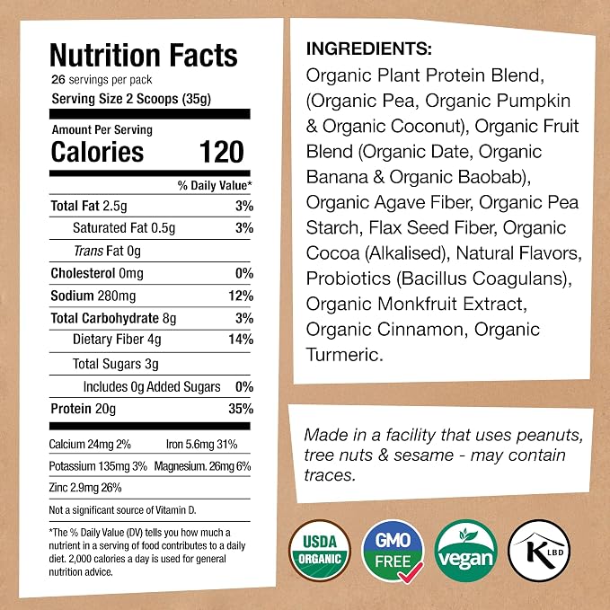 EarthChimp Organic Vegan Protein Powder - with Probiotics - Non GMO, Dairy Free, Non Whey, Plant Based Protein Powder for Women and Men, Gluten Free - 26 Servings 32 Oz (Vanilla)