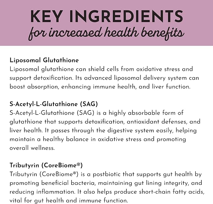 JUST INGREDIENTS Glutathione Complex – 60-Capsule Supplement with Liposomal, S-Acetyl-L-Glutathione & CoreBiome® Tributyrin – Supports Antioxidant Defense, Detoxification & Cellular Health*