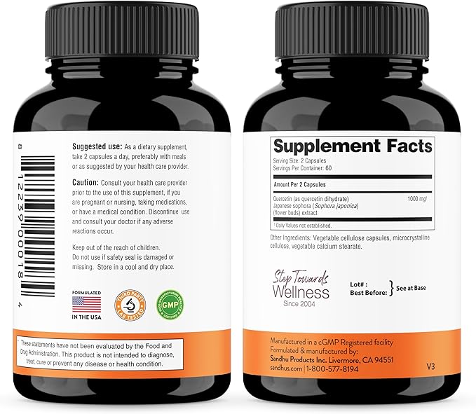 Quercetin 500mg Vegetarian Capsules 240 Count | 1000mg Per Serving of 2 Capsules | Immune Support Supplements For Respiratory, Cellular Health & Seasonal Allergies | Quercitin for Men & Women Immunity