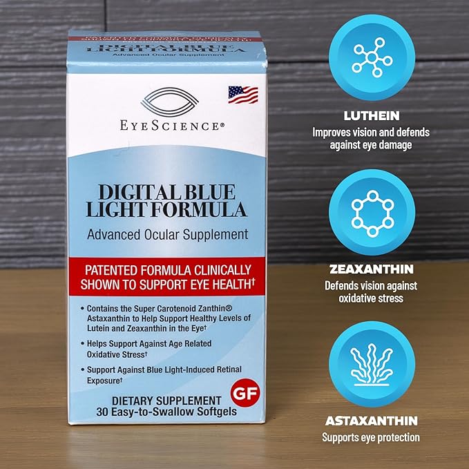EyeScience Digital Blue Light Formula – Lutein, Zeaxanthin & Astaxanthin for Eye Health – Supports Visual Comfort, Blue Light Shield & Digital Eye Strain – Non-GMO, Gluten-Free, 30 Softgels (1-Pack)