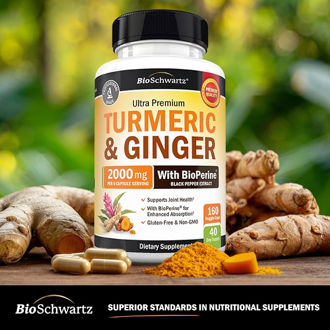 Turmeric and Ginger Supplement with BioPerine - Turmeric Curcumin with Black Pepper & Organic Ginger for Enhanced Absorption for Digestion Knee & Joint Support - Vegan & Non-GMO (40 Servings)