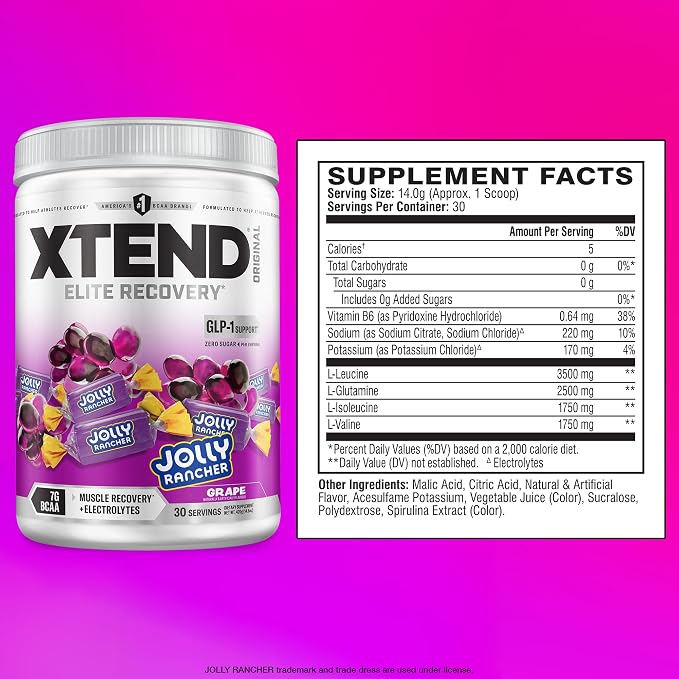 Xtend Original BCAA Powder, 7g BCAAs and 2.5g L-Glutamine for Muscle Recovery Hydration and Lean Muscle, Sugar Free Intra and Post Workout Drink with Electrolytes, Grape Jolly Rancher, 30 Servings