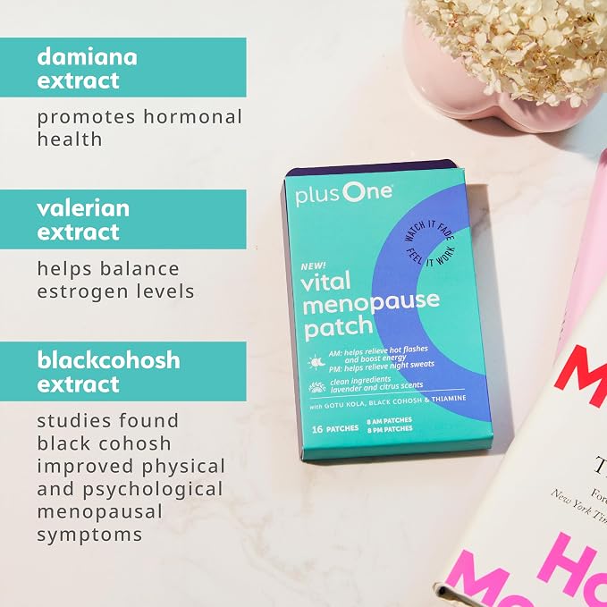 plusOne Vital Menopause Patches AM & PM – Hot Flash & Night Sweat Support – Promotes Energy & Sleep – Herbal Arjuna Daily Patches – 16ct | Herbal Arjuna Daily Patches, Promotes Energy & Sleep