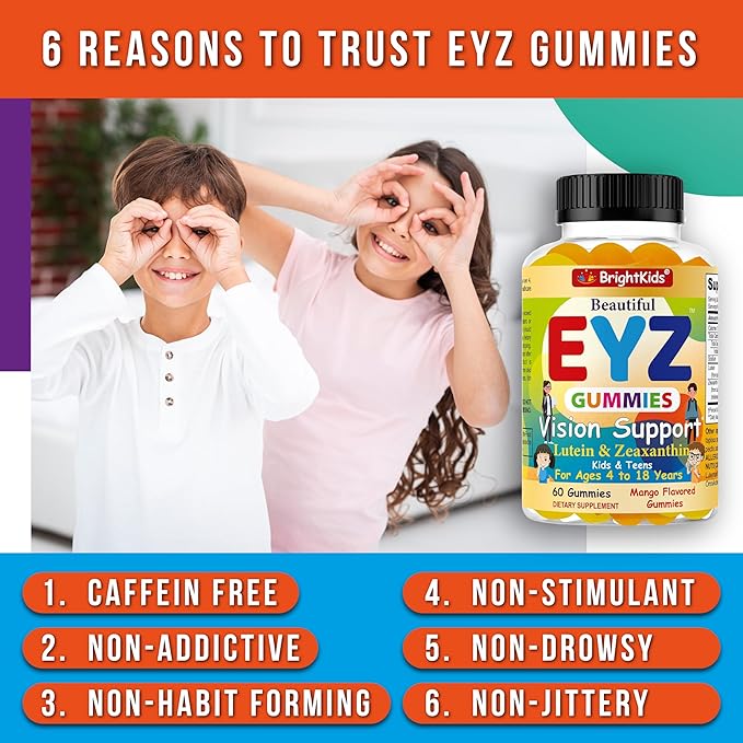BrightKids Eye Health Gummies for Kids & Teens – Lutein & Zeaxanthin Vision Support – Vegan, Non-GMO Eye Vitamins for Screen Time – Tasty Mango Flavor – 60 Gummies