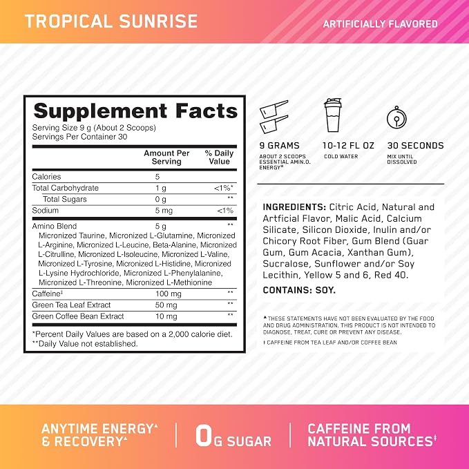 Optimum Nutrition Amino Energy - Pre Workout with Green Tea, BCAA, Amino Acids, Keto Friendly, Green Coffee Extract, Energy Powder - Tropical Sunrise, 9.5 Ounce, 30 Servings (Packaging May Vary)