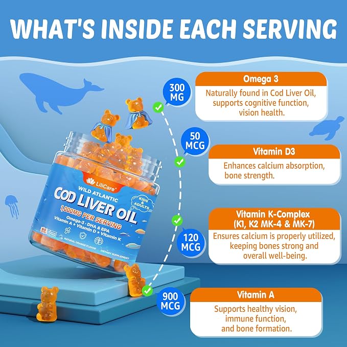 Cod Liver Oil Gummies 1000mg for Kids & Adults - w/Omega 3 (EPA & DHA), Vitamins A, D3 & K2 - Cod Liver Oil Omega 3 Gummies for Immune, Brain & Cognitive Support, Sugar-Free, Orange Flavor, 60Cts