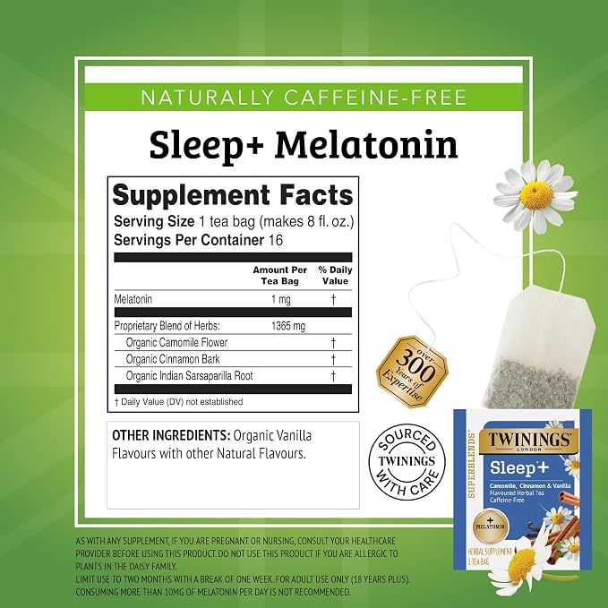 Twinings Superblends Sleep+ Herbal Tea with 1mg Melatonin Camomile, Cinnamon & Vanilla, Naturally Caffeine-Free, Enjoy Hot or Iced, 16 Tea Bags (Pack of 2)