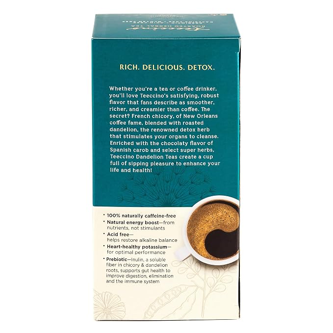 Teeccino Dandelion Mocha Tea - 25 Tea Bags - Caffeine-Free, Roasted Herbal Tea with Prebiotics, 3x More Herbs than Regular Tea Bags - Gluten-Free, Acid-Free Coffee Alternative, (Pack of 3)