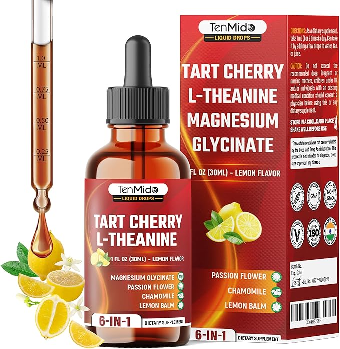Tart Cherry Extract Liquid Drops - 6in1 with L-Theanine, Magnesium Glycinate, Passion Flower, Chamomile, Lemon Balm - Vegan, Non-GMO - 30ml 1 Fl Oz