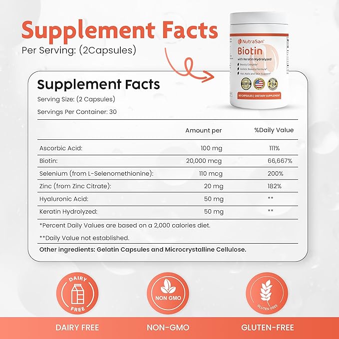 Biotin 20,000 mcg Supplement with Hydrolyzed Keratin & Hyaluronic Acid - Vitamins B7 for Women & Men- Supports Healthy Hair, Skin & Nails - Non-GMO, Gluten & Dairy Free - 60 Capsules
