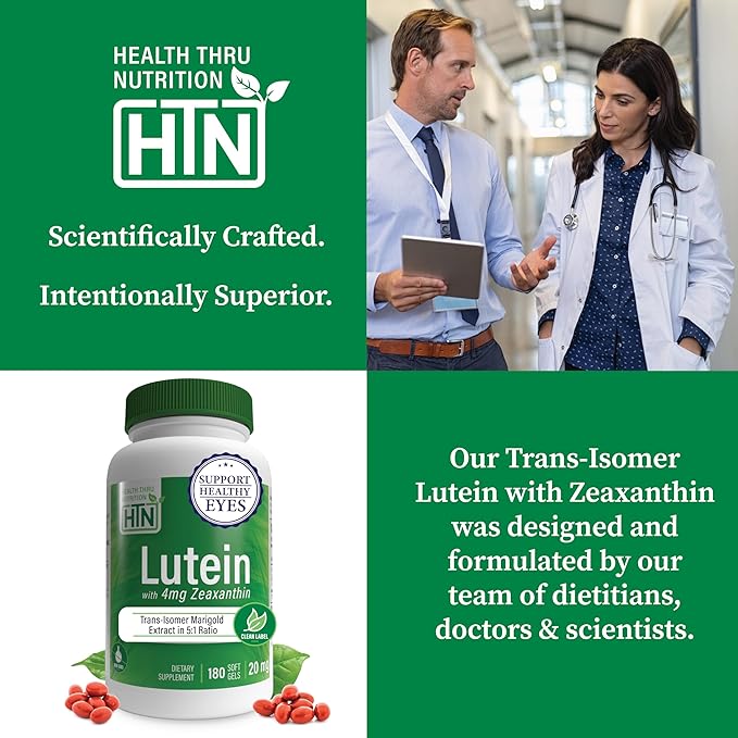 Lutein 20mg with Zeaxanthin 4mg 180 Softgels | Trans-Isomer Marigold Extract in Nature Identical 5:1 Ratio | Supports Healthy Eye, Skin and Brain | Non-GMO Soy & Gluten Free | by Health Thru Nutrition