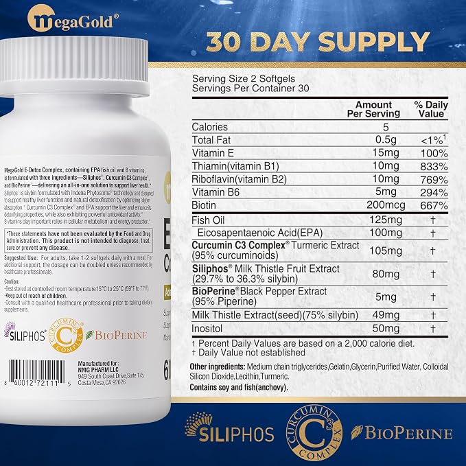 Milk Thistle Supplement with Silymarin, Fish Oil, Vitamin B6, Biotin, and EPA, for Men and Women Liver Health - 60 Count Softgels