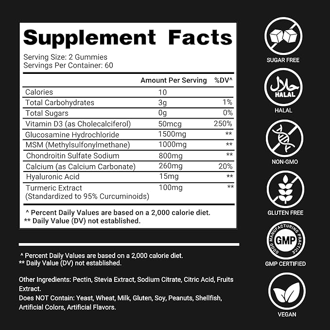 Glucosamine Chondroitin Gummies for Joint Support – 120 Glucosamine Gummies Extra Strength 3000mg with MSM, Turmeric, Calcium, Vitamin D3 – Sugar Free Vegan Adults Supplement – Flexibility & Mobility