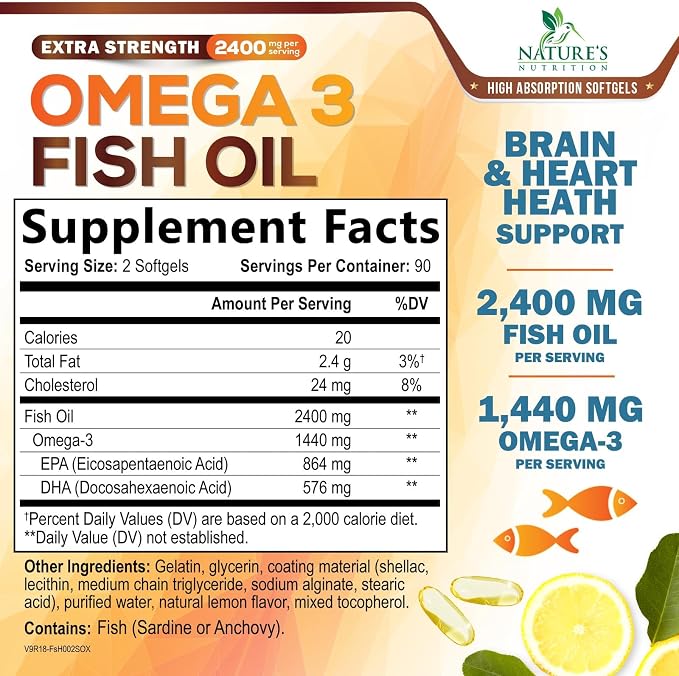 Omega 3 Fish Oil Supplements - 2400mg Fish Oil Per Serving - Triple Strength Omega-3 with EPA & DHA Fatty Acids - Natural Heart, Brain & Immune Support - Wild Caught, Bottled in USA - 180 Softgels