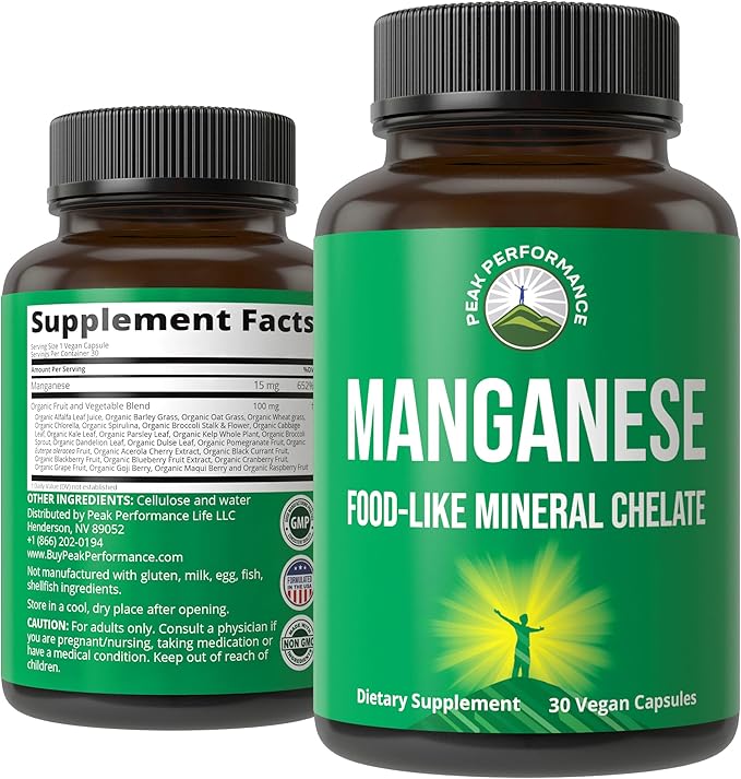 Manganese Supplement Food Like Mineral Chelated for Superior Absorption with Whole Food Blend of 25+ Fruits & Vegetables. Pure Trace Mineral Capsules for Connective Tissue, Bone Health, Enzyme Support