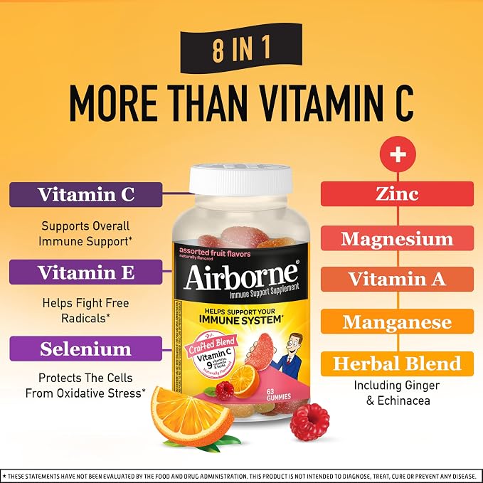 Airborne 750mg Vitamin C Immune Support Supplement Gummies for Adults, Assorted Fruit Flavor, Gluten Free Crafted Blend with Powerful Antioxidants Vitamins A C & E, 63 Gummies (3 Pack)